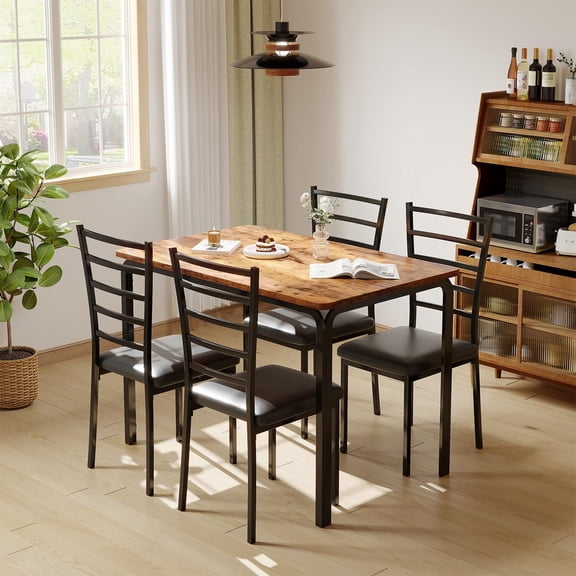 4-Piece Dining Set, Metal Frame Table with Wooden Top & Chairs for Apartment, Brown