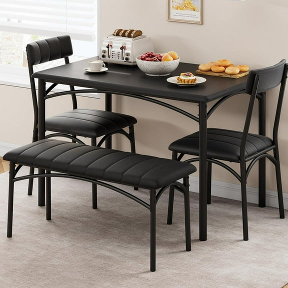 4-Piece Dining Set w/Upholstered Bench - Space Saving Table for 4, 400lbs Capacity, Waterproof Top! Black Kitchen Set for Apartments/Small Spaces