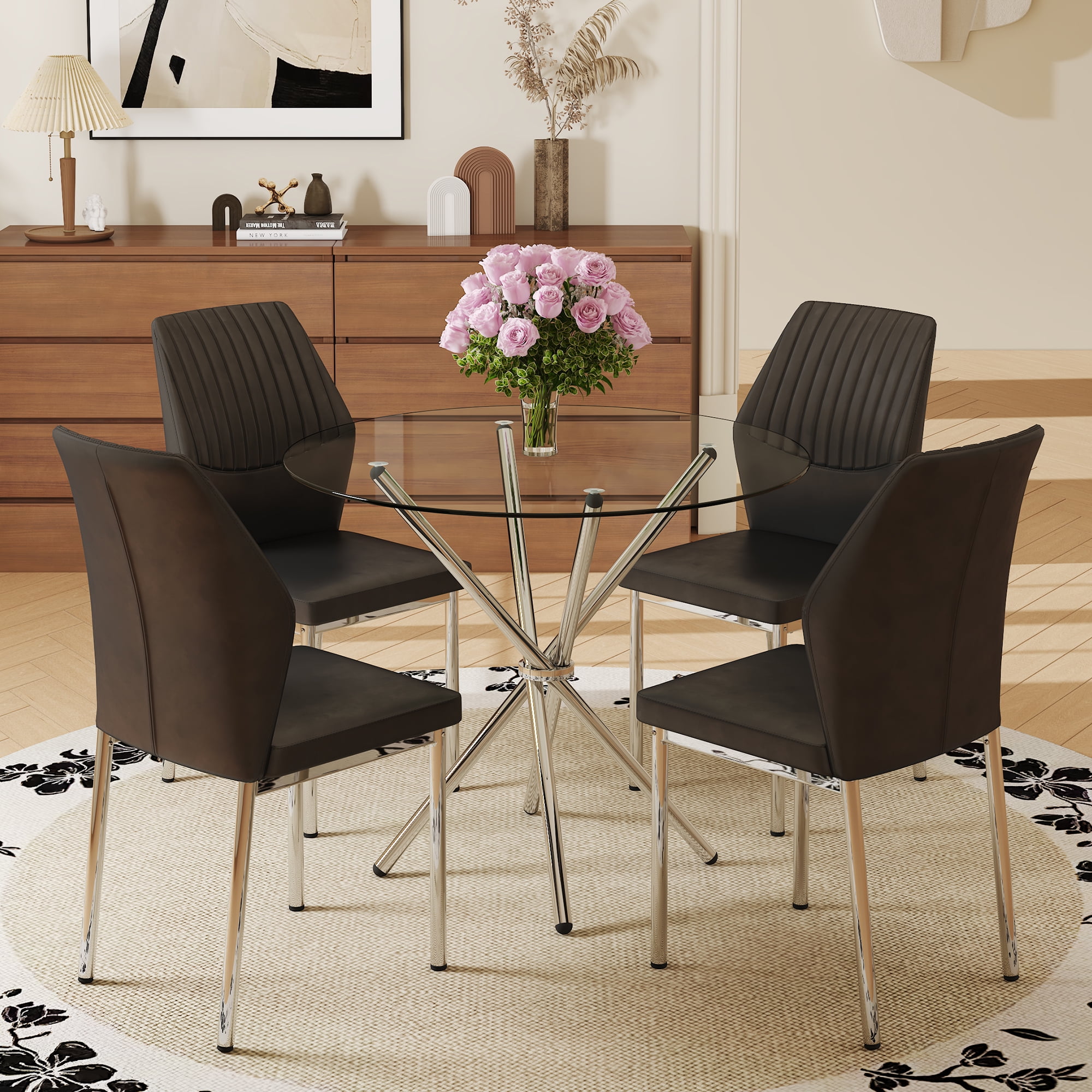 4-Piece Dining Set with Round Tempered Glass Table Black