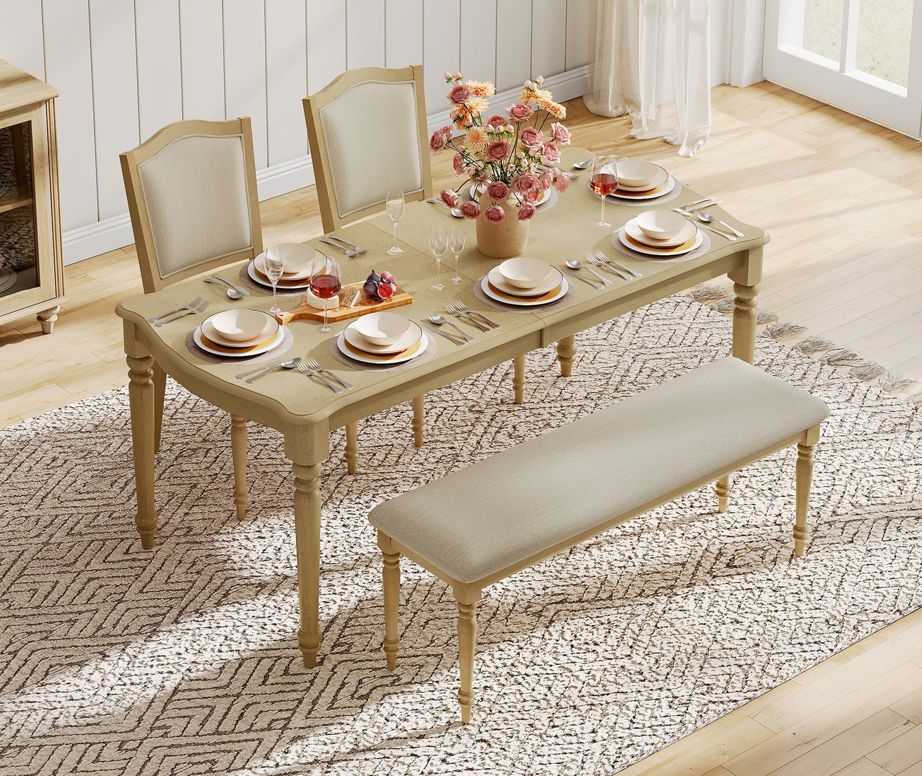 4 Piece Dining Table Set for 4-8 People - Includes One Dining Table, 1 Upholstered Benches and 2 Wood Dining Chairs, Rustic Dining Set for Kitchen, Oak