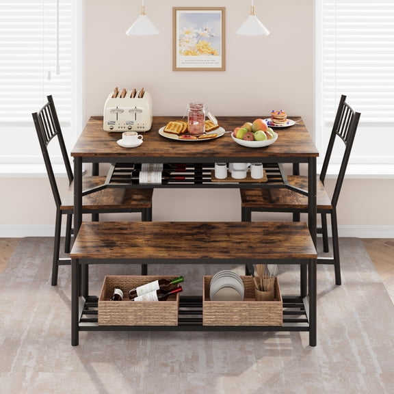 4 Piece Dining Table Set for 4 with Bench and 2 Chairs, Kitchen Table Set with Storage, Modern Kitchen Dinette Set – Space-Saving Dining Table for Apartments, Kitchen & Dining Room