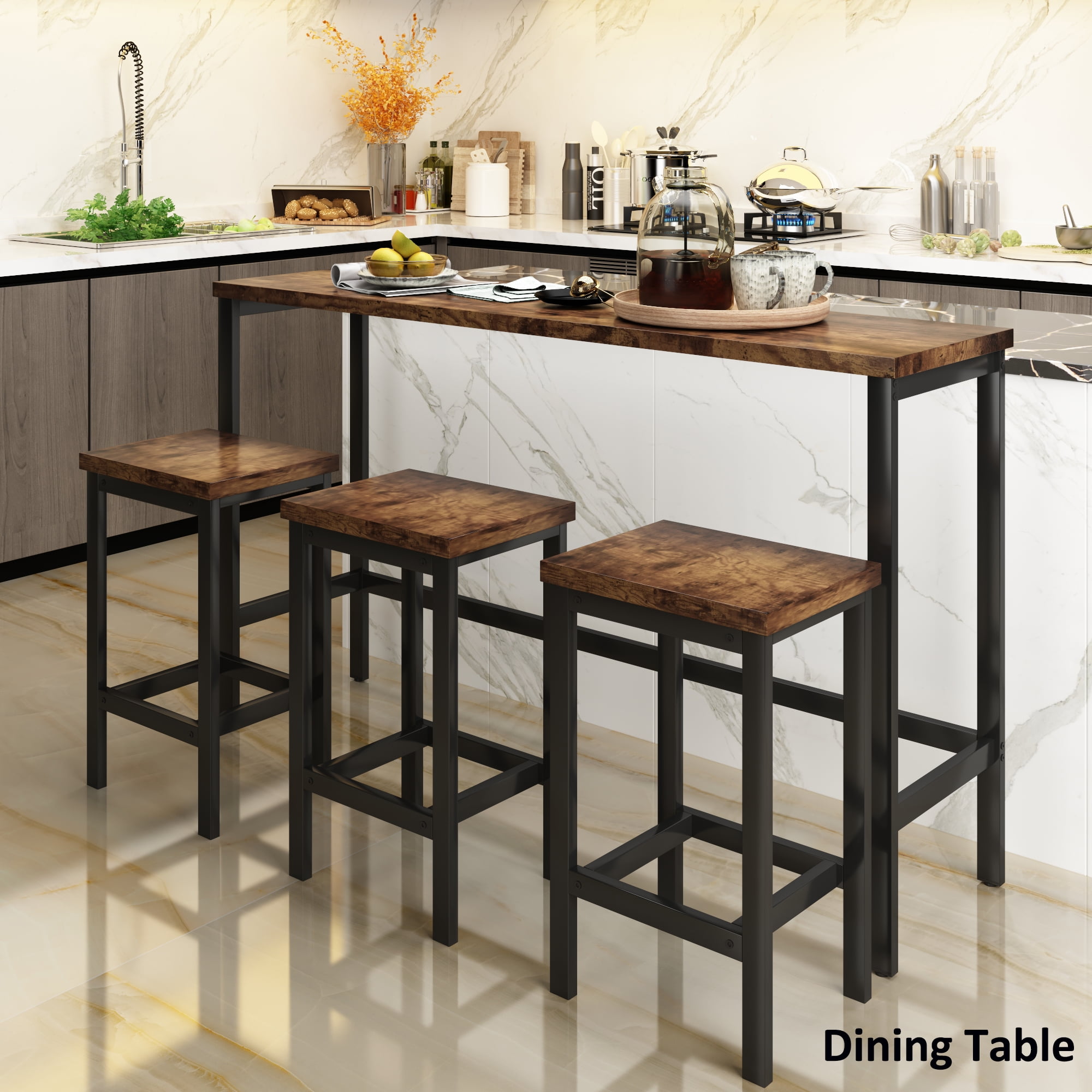 4-Piece Dining Table Set, Compact Kitchen Counter Height Metal Frame ...