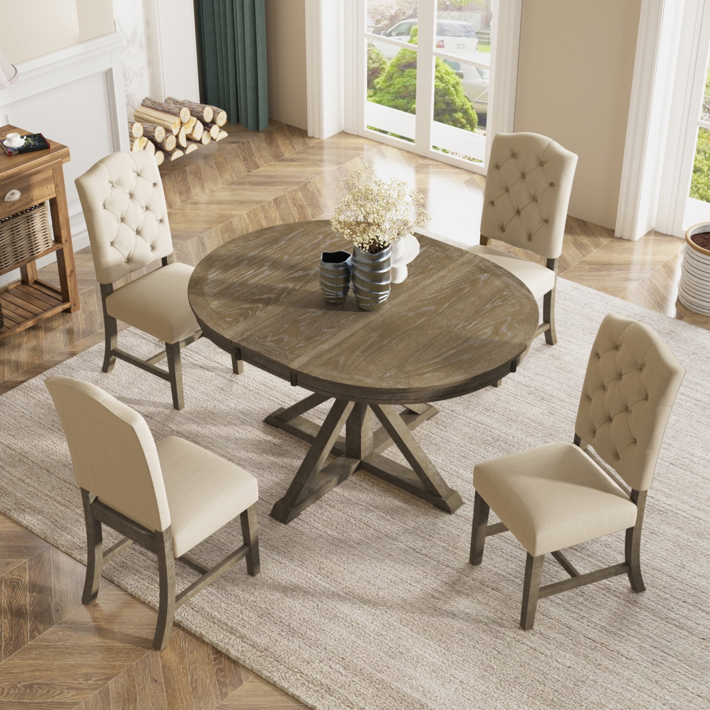 4 Piece Dining Table Set with Extendable Table and 4 Upholstered Tufted ...