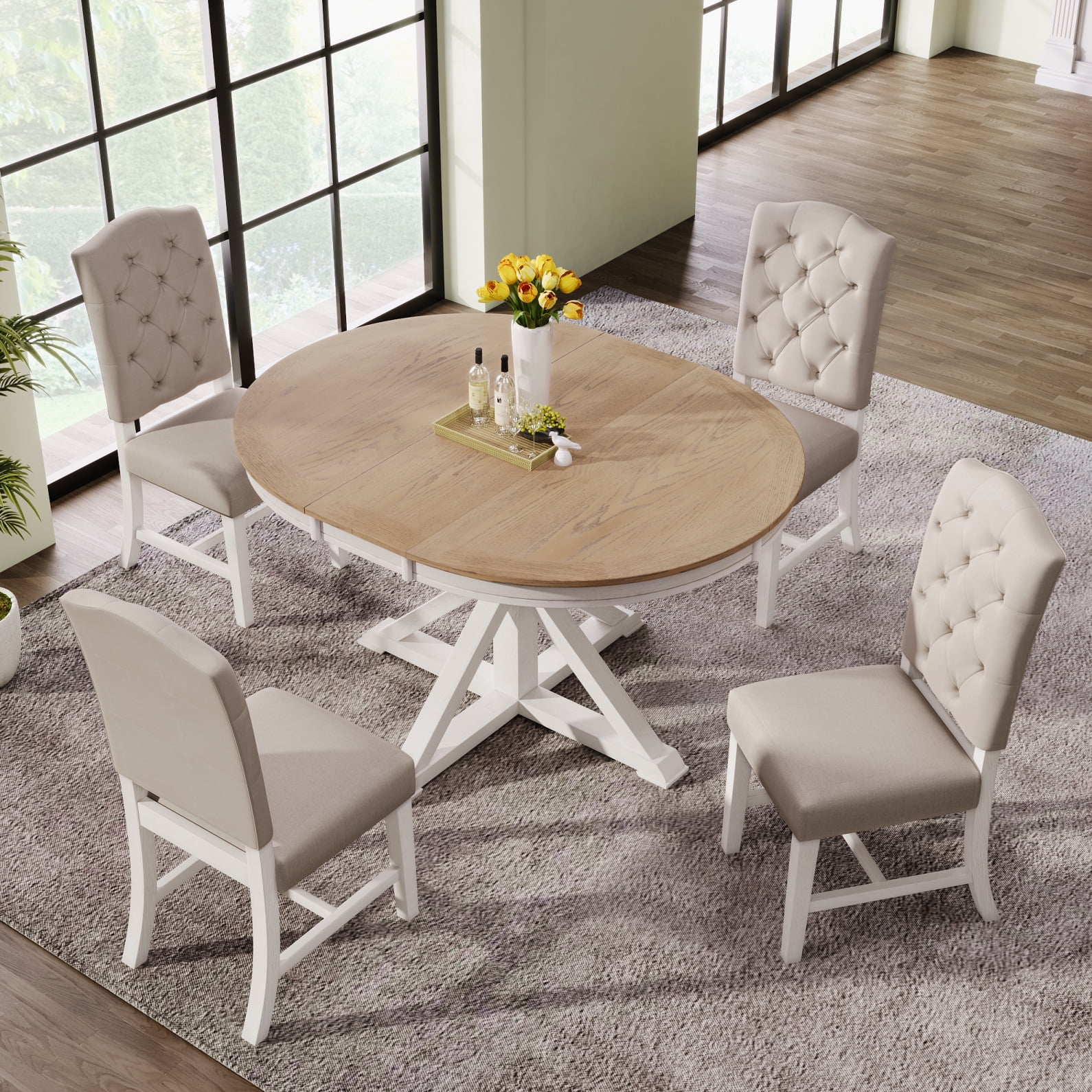 4 Piece Dining Table Set with Extendable Table and 4 Upholstered Tufted ...