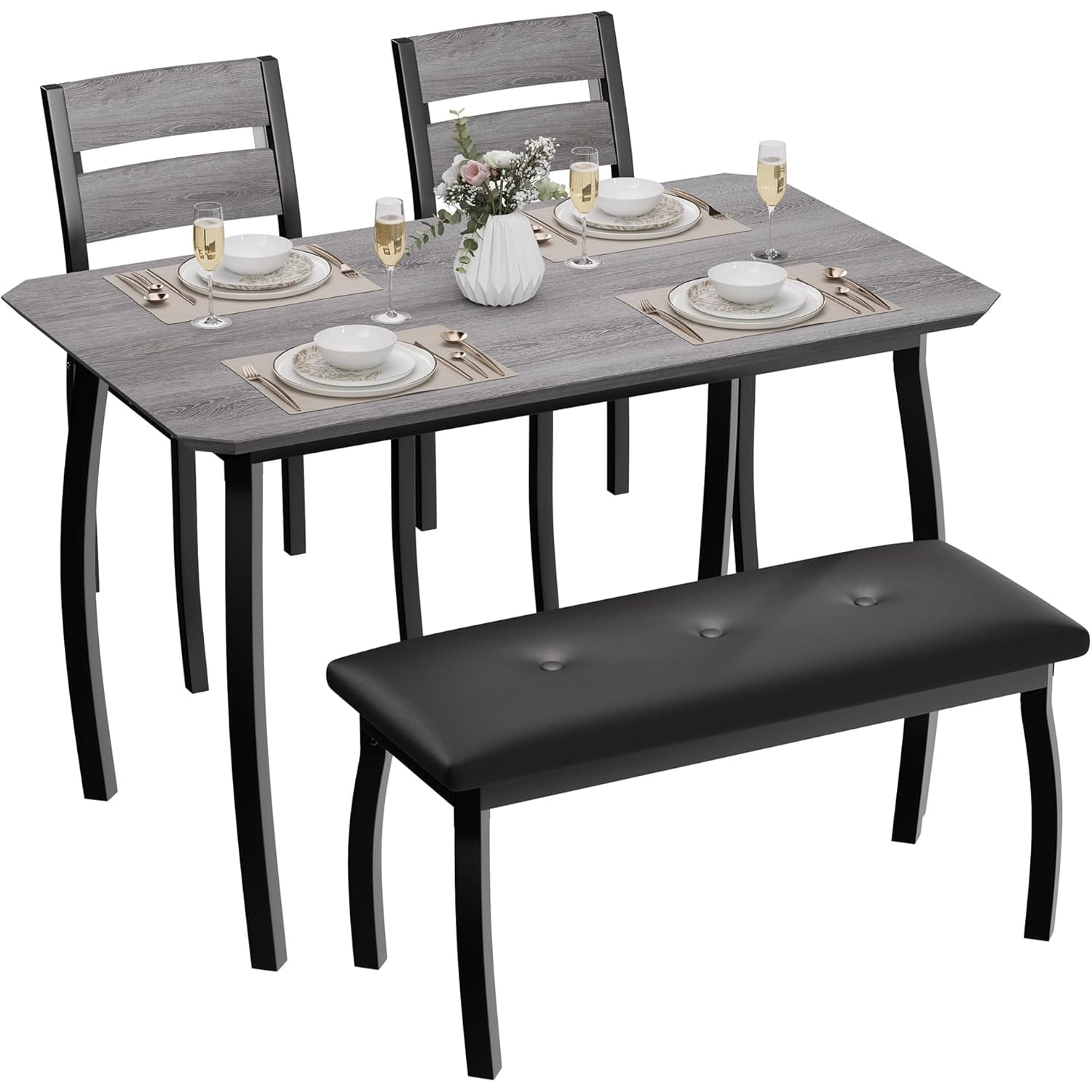 4-Piece Dining Table Set - Kitchen Table With Upholstered Bench & 2 ...