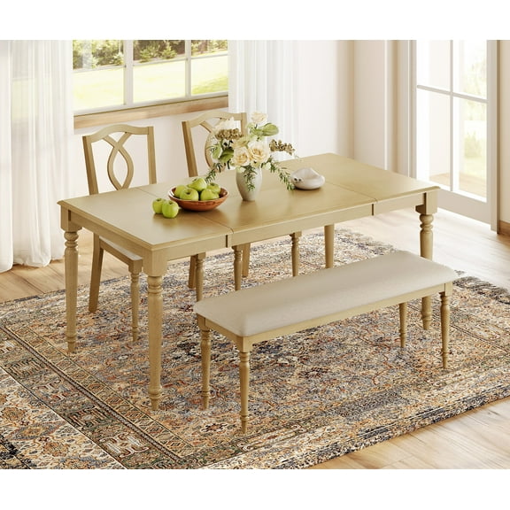 4 Piece Dining Table Set for 4-6 People - Includes One Dining Table, One Upholstered Bench, 2 Wood Dining Chairs, Rustic Dining Set for Kitchen, Oak