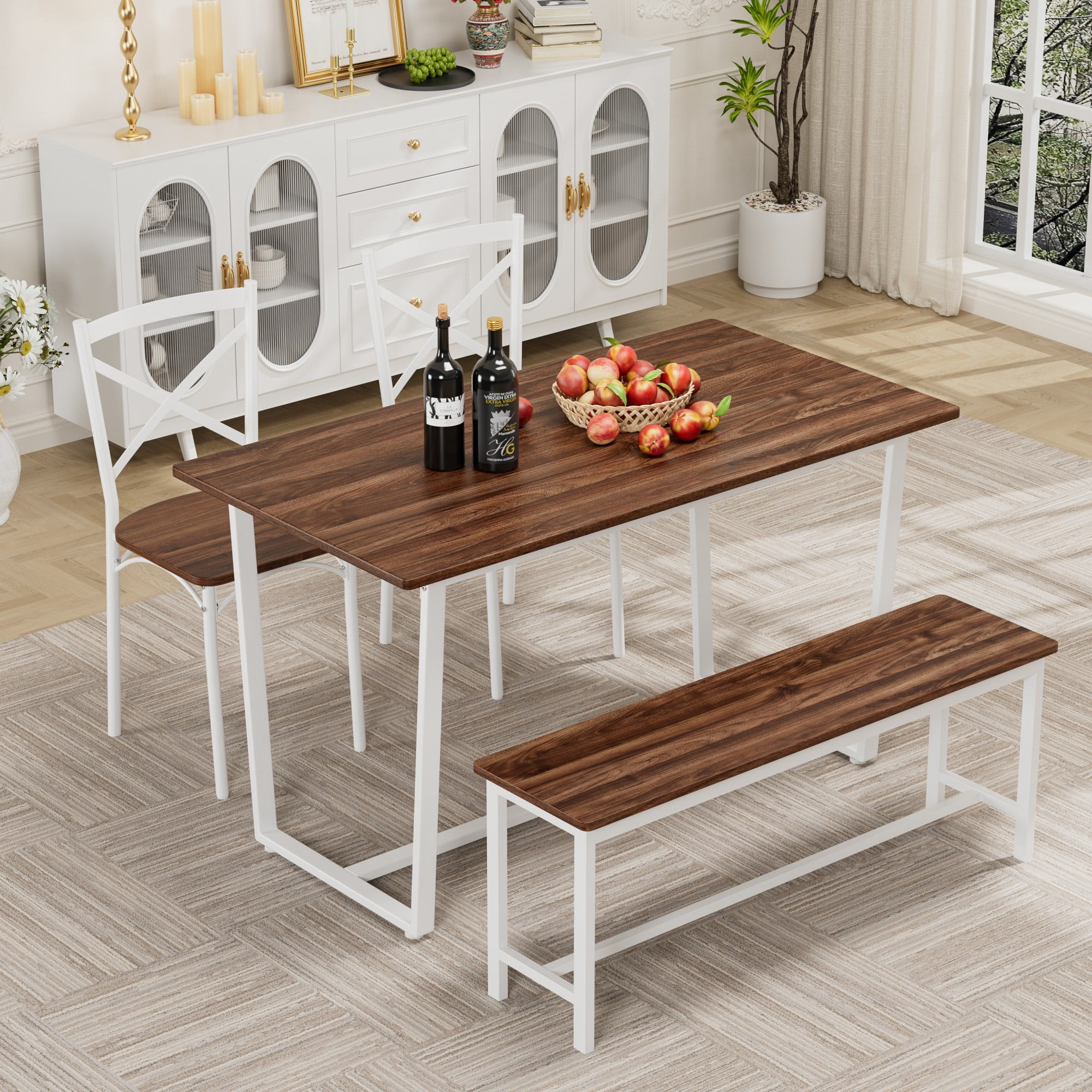 4-Piece Dining Table Set with 2 Chairs and Bench,Modern Kitchen Table Set for Breakfast,Small Space,Apartment,Dark Walnut
