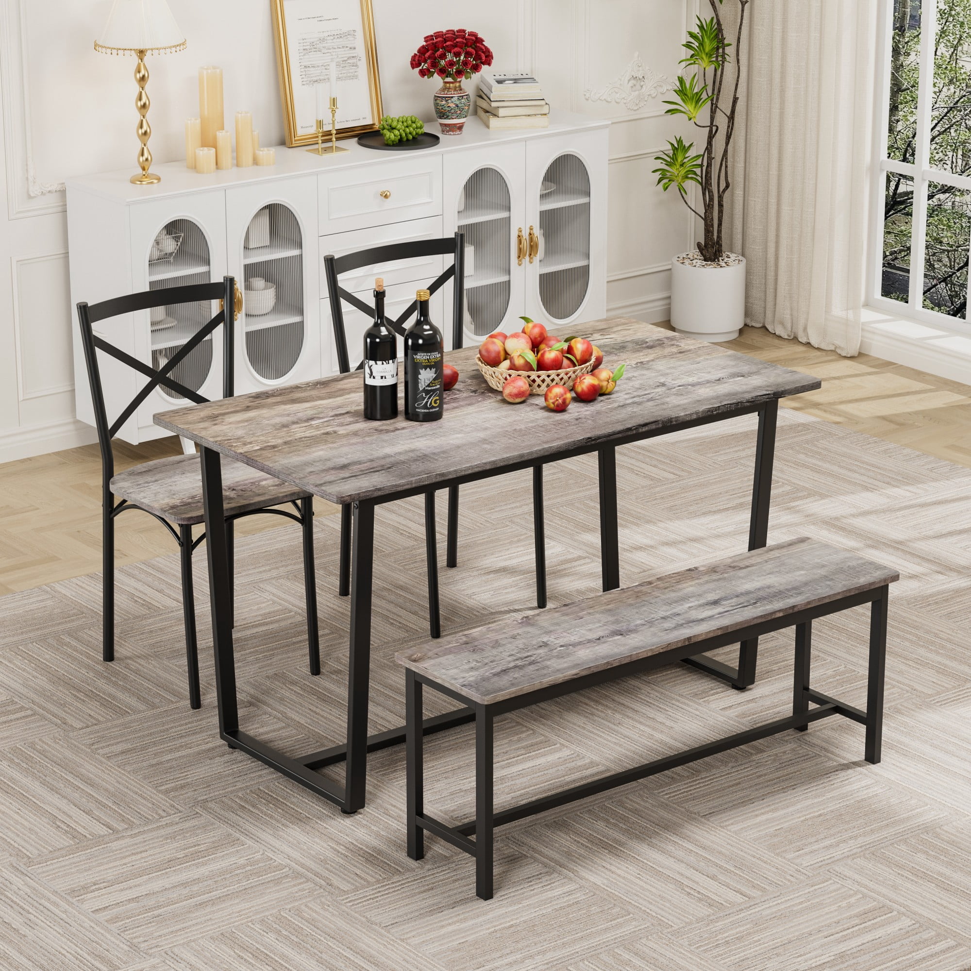 4-Piece Dining Table Set with 2 Chairs and Bench,Modern Kitchen Table Set for Breakfast,Small Space,Apartment,Gray