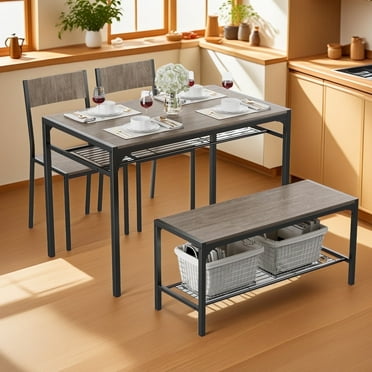 4 Piece Dining Table Set with 2 Chairs and Bench for Kitchen with Storage Rack, Grey