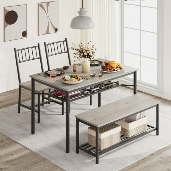 4-Piece Dining Table Set with Bench and 2 Chairs,Dining Table Set w/ Storage Wine Rack for Small Space, Apartment