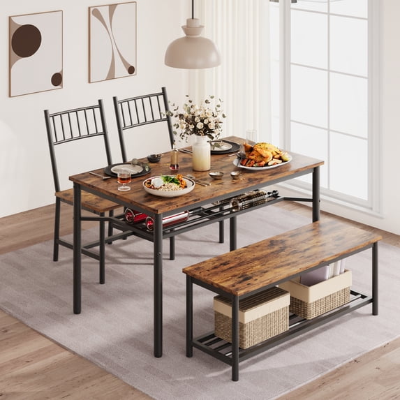 4-Piece Dining Table Set with Bench and 2 Chairs,Dining Table Set w/ Storage Wine Rack for Small Space, Apartment