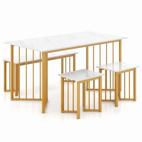 4 Piece Dining Table Set with Bench and 2 Stools