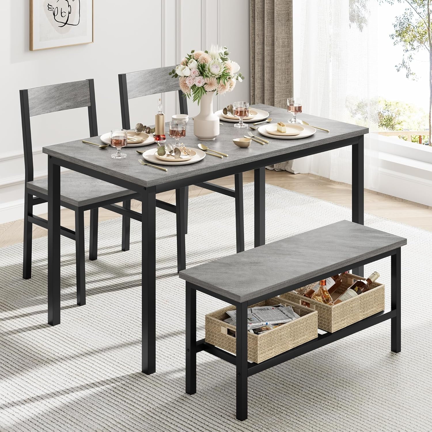 4-Piece Dining Table With Bench and 2 Chairs for 4，Dining Room Table ...