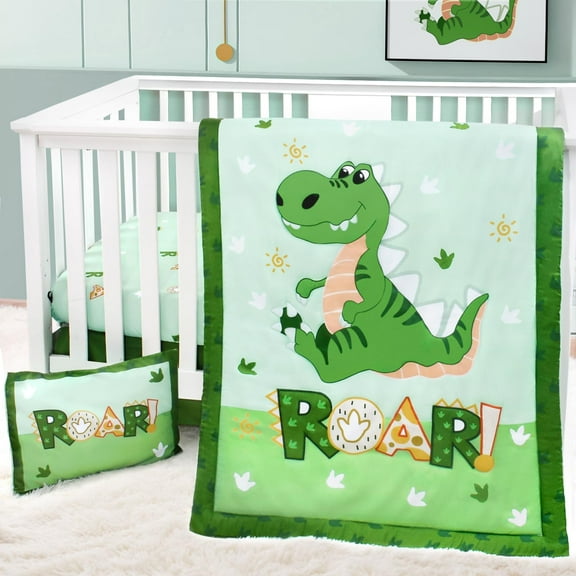 4-Piece Dinosaur Crib Bedding Set | Soft Toddler Bedding | Comforter, Fitted Sheet, Pillowcase & Skirt (Green)