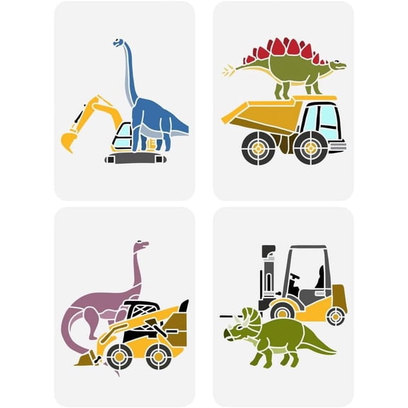 4-Piece Dinosaurs Construction Trucks Painting Stencil Set - 8.3x11.7in Reusable PET Plastic Stencils for Wall Furniture Wood Signs More White