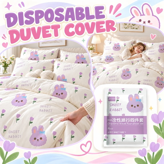 4-Piece Disposable Travel Bedding Set, Disposable Flat Sheet, Quilt Cover and 2 Pillowcases, Portable Disposable Bed Linen for Hotel, Hospital and Trip
