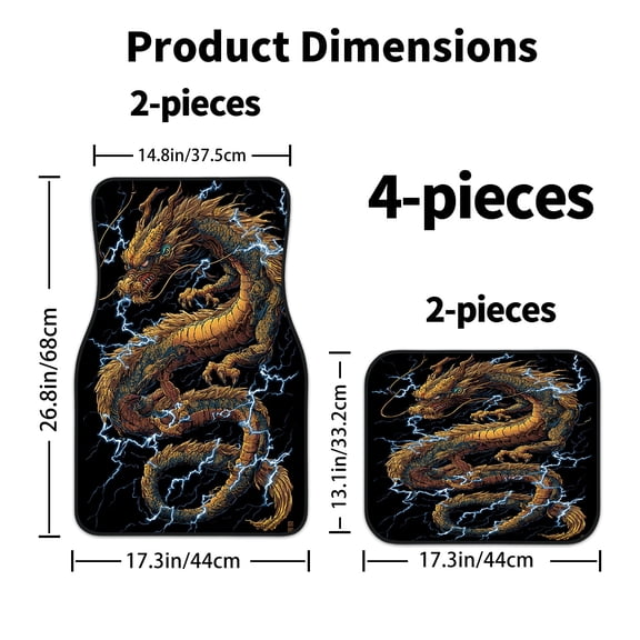 4-Piece Dragon Design Electric Blue Lightning Black C Car Floor Mats, Universal Fit Polyester All Weather Auto Floor Liners for Cars Trucks Suvs, Anti-Slip Easy Clean Interior Set