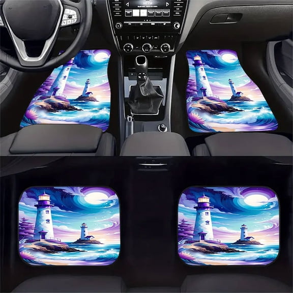 4-Piece Dream Lighthouse Ocean Style Crystal Velvet Design Lighthouse Car Floor Mats, Universal Fit Polyester All Weather Auto Floor Liners for Cars Trucks Suvs, Anti-Slip Easy Clean Interior Set