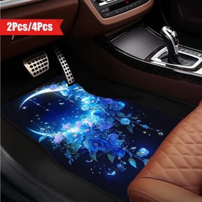 4-Piece a Dreamy Blue Floral Moon Design Sparkling Stars Car Floor Mats, Universal Fit Polyester All Weather Auto Floor Liners for Cars Trucks Suvs, Anti-Slip Easy Clean Interior Set