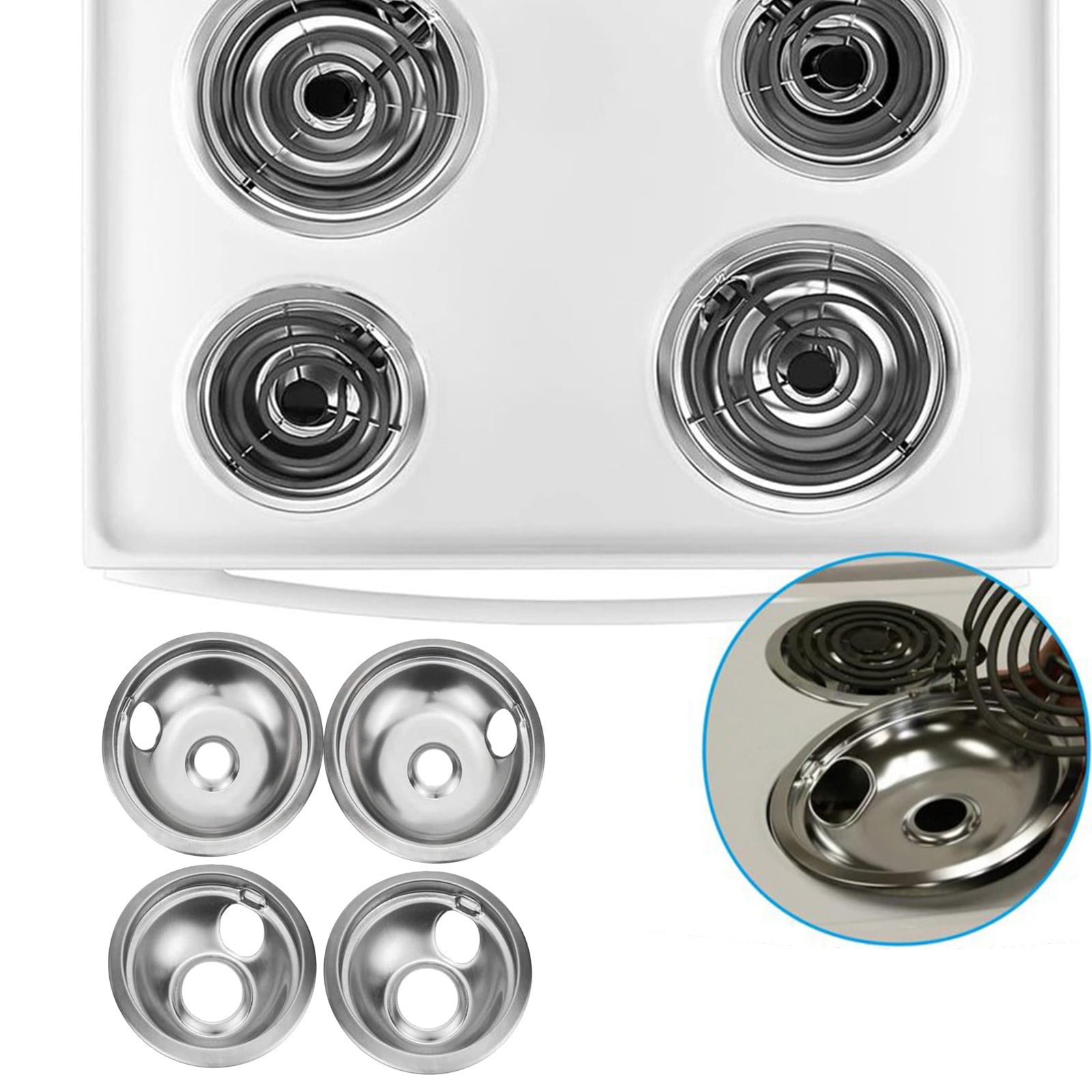 4-Piece Pans Set - Compatible with GE Stoves - Chrome Finish Electric Stove Burner Pans - 2 Ã 6 inch, 2 Ã 8 inch Stove Pans - GE Stove