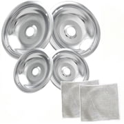 4 Piece Drip Pans Set Compatible with Whirpool Kenmore Frigirate Stove,Chrome Finish Electric Stove Burner Drip Pans, Include 2 Pcs 6'' and 2 Pcs 8 '' Cooktop Replacement Drip Pans