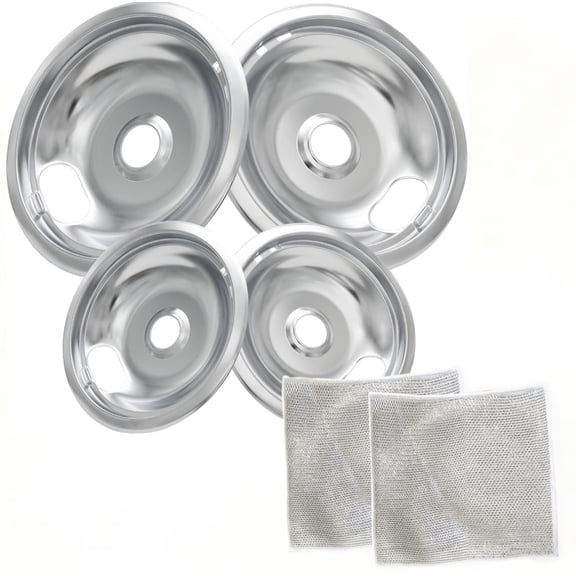 4 Piece Drip Pans Set Compatible with Whirpool Kenmore Frigirate Stove,Chrome Finish Electric Stove Burner Drip Pans, Include 2 Pcs 6'' and 2 Pcs 8 '' Cooktop Replacement Drip Pans