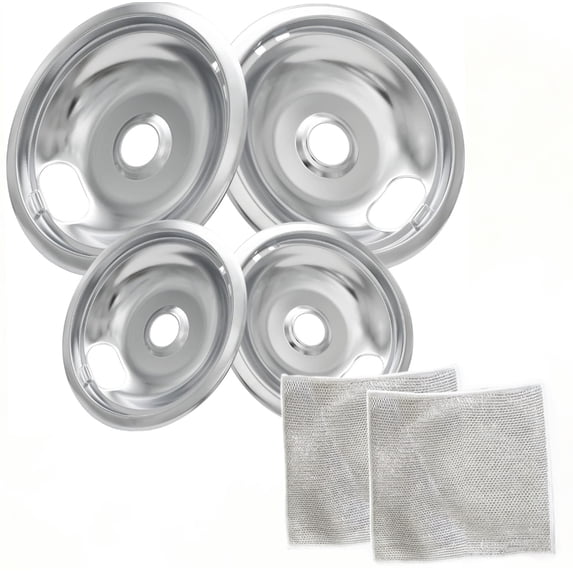 4 Piece Drip Pans Set Compatible with Whirpool Kenmore Frigirate Stove,Chrome Finish Electric Stove Burner Drip Pans, Include 2 Pcs 6'' and 2 Pcs 8 '' Cooktop Replacement Drip Pans
