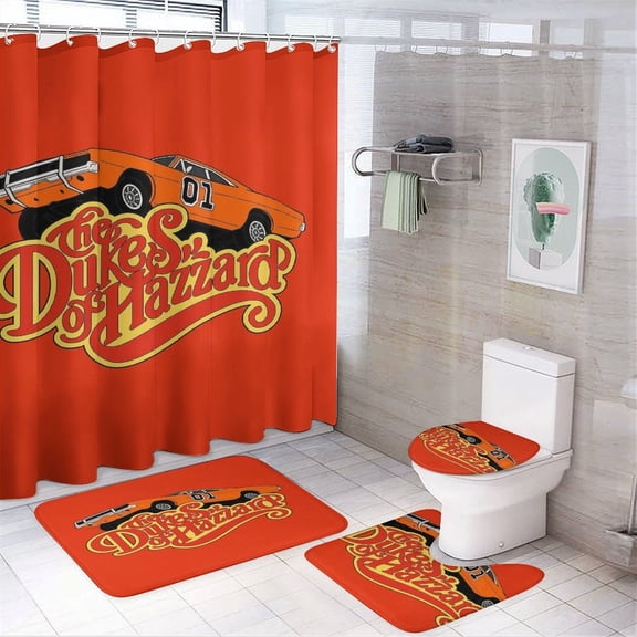 4 Piece Dukes Orange Car Haz-zard Shower Curtain Sets with Rugs, Toilet Lid Cover, Bath Mat and 12 Hooks, Waterproof Shower Curtain Set for Bathroom