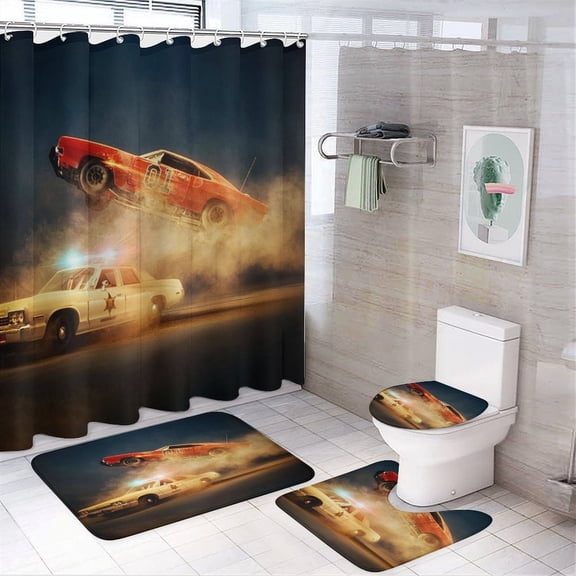 4 Piece Dukes Orange Car Haz-zard Shower Curtain Sets with Rugs, Toilet Lid Cover, Bath Mat and 12 Hooks, Waterproof Shower Curtain Set for Bathroom