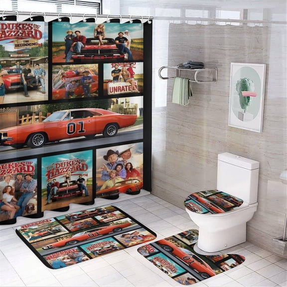 4 Piece Dukes Orange Car Haz-zard Shower Curtain Sets with Rugs, Toilet Lid Cover, Bath Mat and 12 Hooks, Waterproof Shower Curtain Set for Bathroom