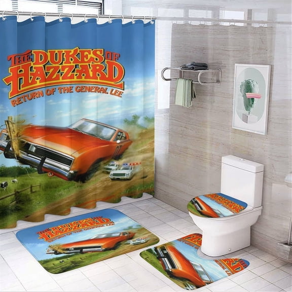 4 Piece Dukes Orange Car Haz-zard Shower Curtain Sets with Rugs, Toilet Lid Cover, Bath Mat and 12 Hooks, Waterproof Shower Curtain Set for Bathroom