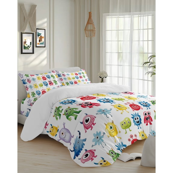 4 Piece Duvet Cover Set Cal king, Abstract Cartoon Monsters Soft Breathable Bedding Set with Pillow Shams Flat Sheet, Seamless Colorful Cute Alien Bed Comforter Cover Sets