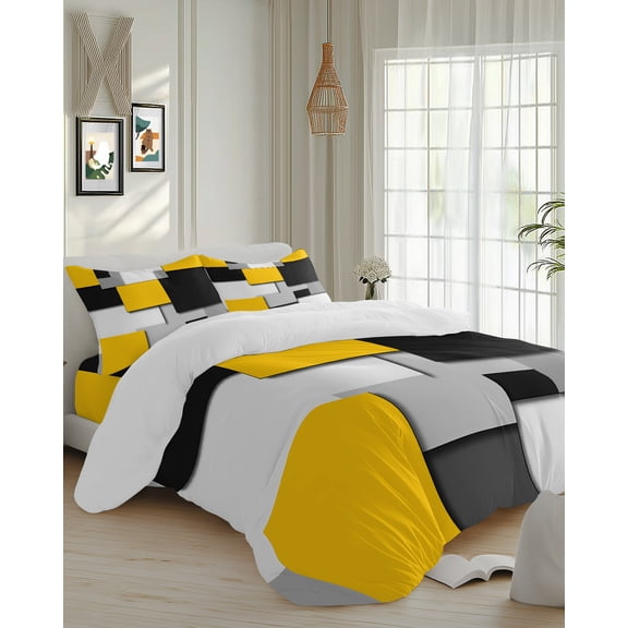 4 Piece Duvet Cover Set Cal king, Abstract Minimalist Color Block Soft Breathable Bedding Set with Pillow Shams Flat Sheet, Yellow Black White Gray Bed Comforter Cover Sets