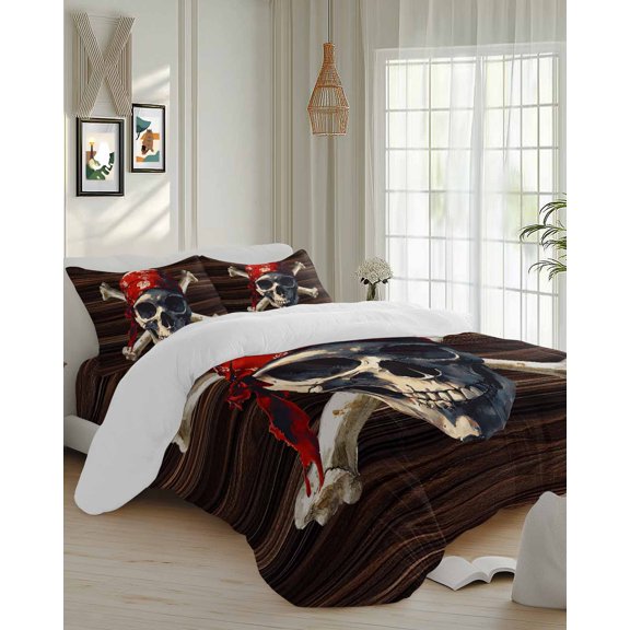 4 Piece Duvet Cover Set Cal king, Abstract Punk Pirate Skull Soft Breathable Bedding Set with Pillow Shams Flat Sheet, Crossbones on Brown Wood Board Bed Comforter Cover Sets