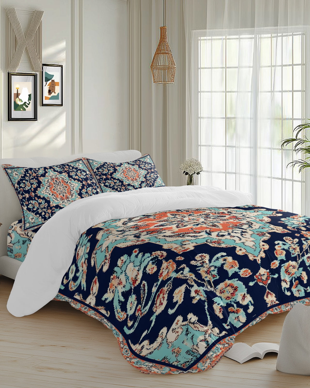 4 Piece Duvet Cover Set Cal king, Abstract Retro Boho Aesthetic Flower ...