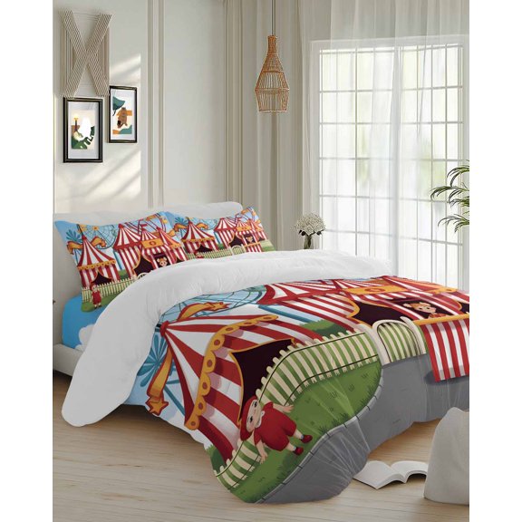 4 Piece Duvet Cover Set Cal king, Carnival Amusement Park Soft Breathable Bedding Set with Pillow Shams Flat Sheet, Cartoon Wheelwheels Cute Kid Bed Comforter Cover Sets