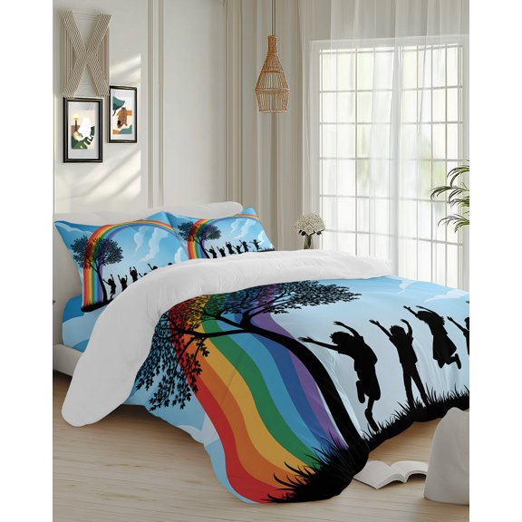 4 Piece Duvet Cover Set Cal king, Children's Day Silhouettes Soft Breathable Bedding Set with Pillow Shams Flat Sheet, Sky Rainbow Trees Bed Comforter Cover Sets