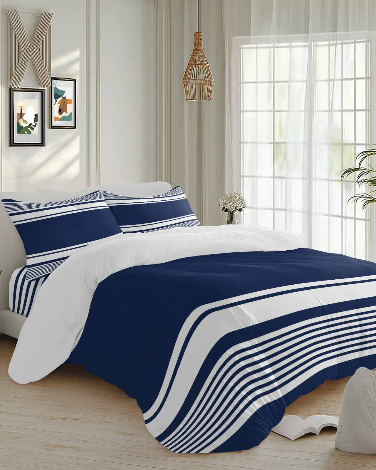 4 Piece Duvet Cover Set Cal king, Dark Blue Block Nautical Stripe Soft ...