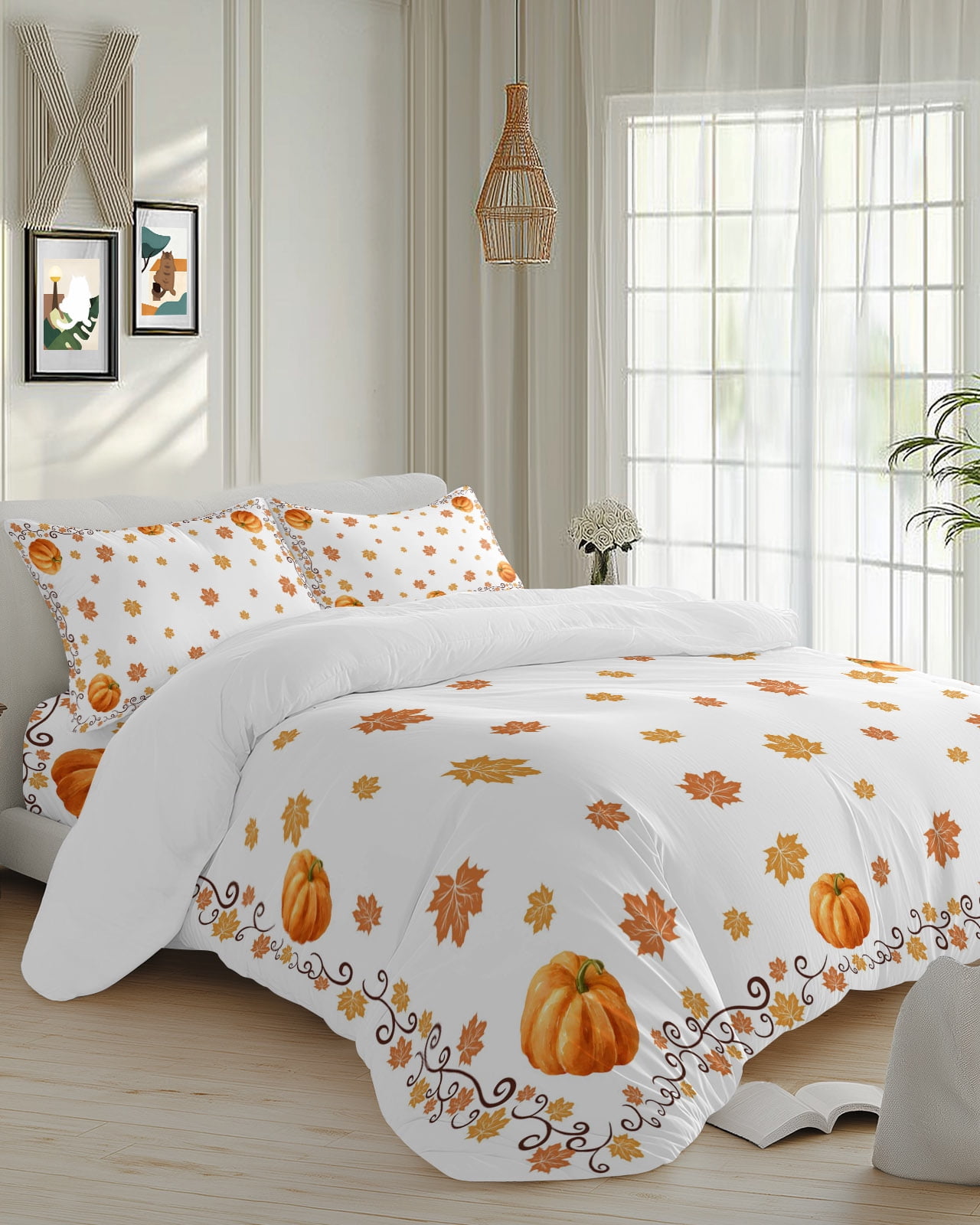 4 Piece Duvet Cover Set Queen, Farmhouse Autumn Pumpkin Maple Leaf