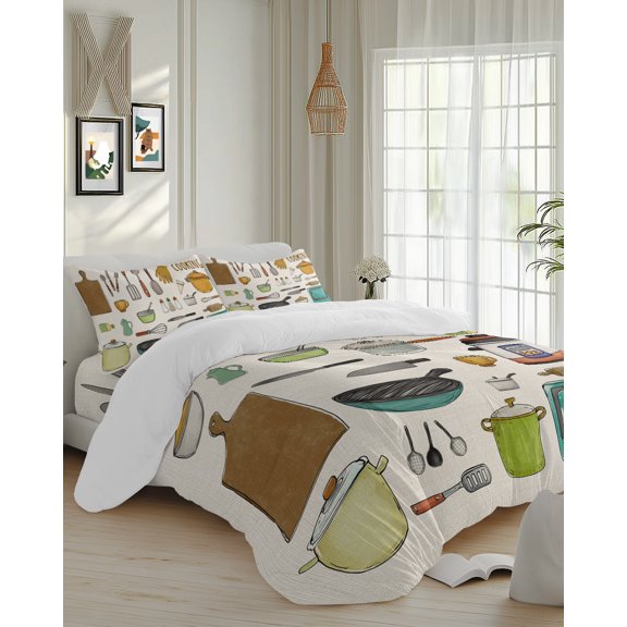 4 Piece Duvet Cover Set Cal king, Kitchen Cooking Kitchenware Cartoon Style Soft Breathable Bedding Set with Pillow Shams Flat Sheet, Retro Linen Bed Comforter Cover Sets