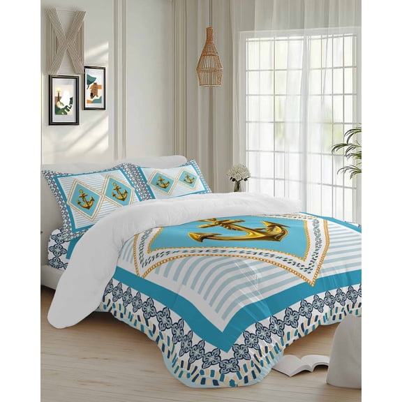 4 Piece Duvet Cover Set Cal king, Nautical Sailing Anchor on Blue Soft Breathable Bedding Set with Pillow Shams Flat Sheet, Abstract Flower Stripe Texture Bed Comforter Cover Sets