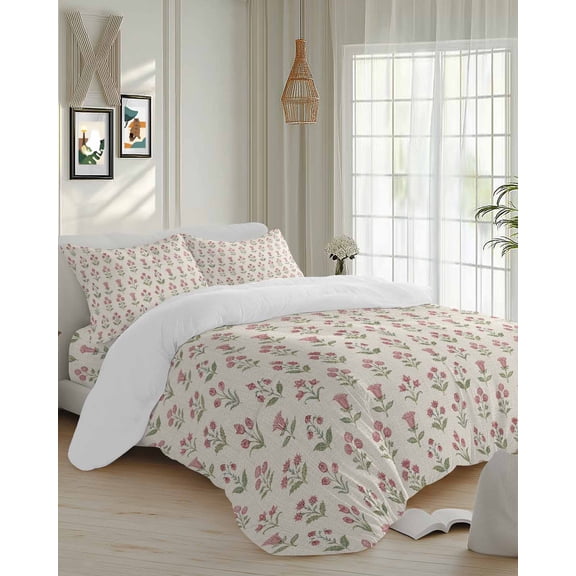 4 Piece Duvet Cover Set Cal king, Romantic Pink Flowers Soft Breathable Bedding Set with Pillow Shams Flat Sheet, Tiny Rosebud Ditsy Floral Bed Comforter Cover Sets