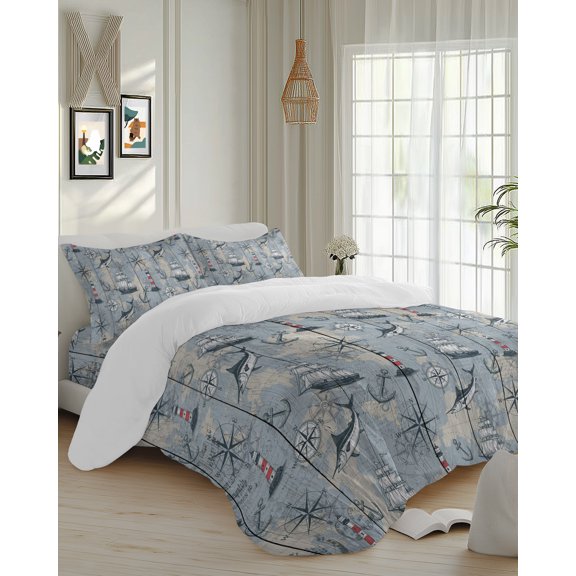 4 Piece Duvet Cover Set Cal king, Sailing Anchor Compass Fish Soft Breathable Bedding Set with Pillow Shams Flat Sheet, Retro Wood Plank Nautical Theme Bed Comforter Cover Sets