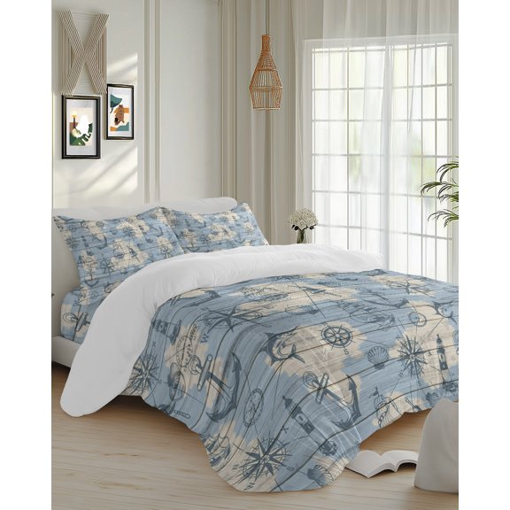 4 Piece Duvet Cover Set Cal king, Sailing Compass Anchor Lighthouse Soft Breathable Bedding Set with Pillow Shams Flat Sheet, Map Fish on Wood Board Bed Comforter Cover Sets