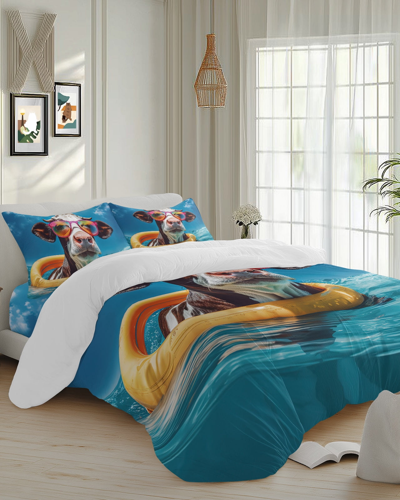 4-piece-duvet-cover-set-cal-king-sea-cow-with-swimming-ring-sunglasses