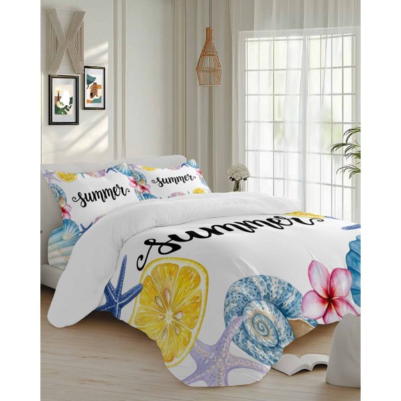 4 Piece Duvet Cover Set Cal king, Summer Lemons Sea Stars Carnival Flowers Soft Breathable Bedding Set with Pillow Shams Flat Sheet, Oceans Shells Bed Comforter Cover Sets