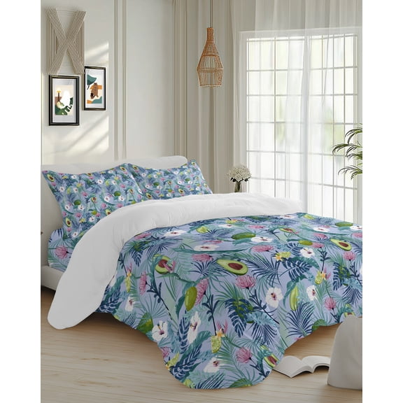 4 Piece Duvet Cover Set Cal king, Tropical Avocado Fruit and Flower Soft Breathable Bedding Set with Pillow Shams Flat Sheet, Watercolor Botanical Leaves Bed Comforter Cover Sets