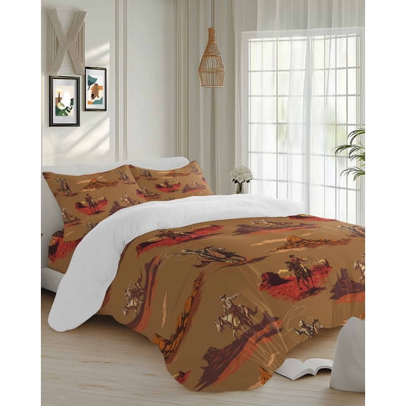 4 Piece Duvet Cover Set Cal king, Vintage Ethnic Cowboy Horse Soft Breathable Bedding Set with Pillow Shams Flat Sheet, Western Desert Theme Bed Comforter Cover Sets