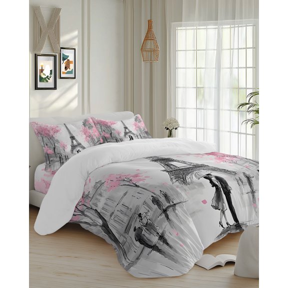 4 Piece Duvet Cover Set Cal king, Vintage Towel Couple Pink Flower Soft Breathable Bedding Set with Pillow Shams Flat Sheet, Watercolor Modern City Scene Bed Comforter Cover Sets