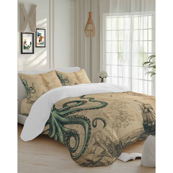 4 Piece Duvet Cover Set Cal king, Vintage World Map Ocean Octopus Soft Breathable Bedding Set with Pillow Shams Flat Sheet, Nautical Sailing Boat Brown Bed Comforter Cover Sets